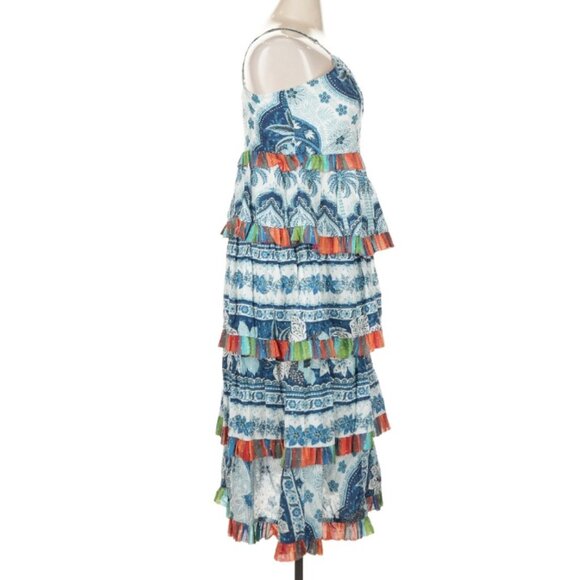 Farm Rio Tier Midi Blue Palms Print Dress - Picture 3 of 3